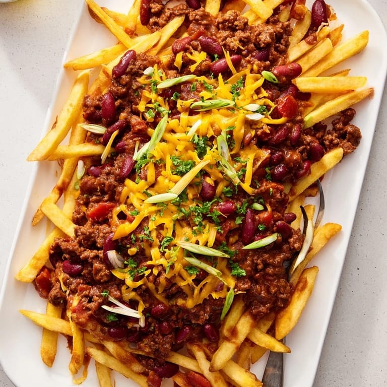 Oven-baked Chili Cheese Fries topped with spicy beef and bean chili, perfect for sharing at a party.