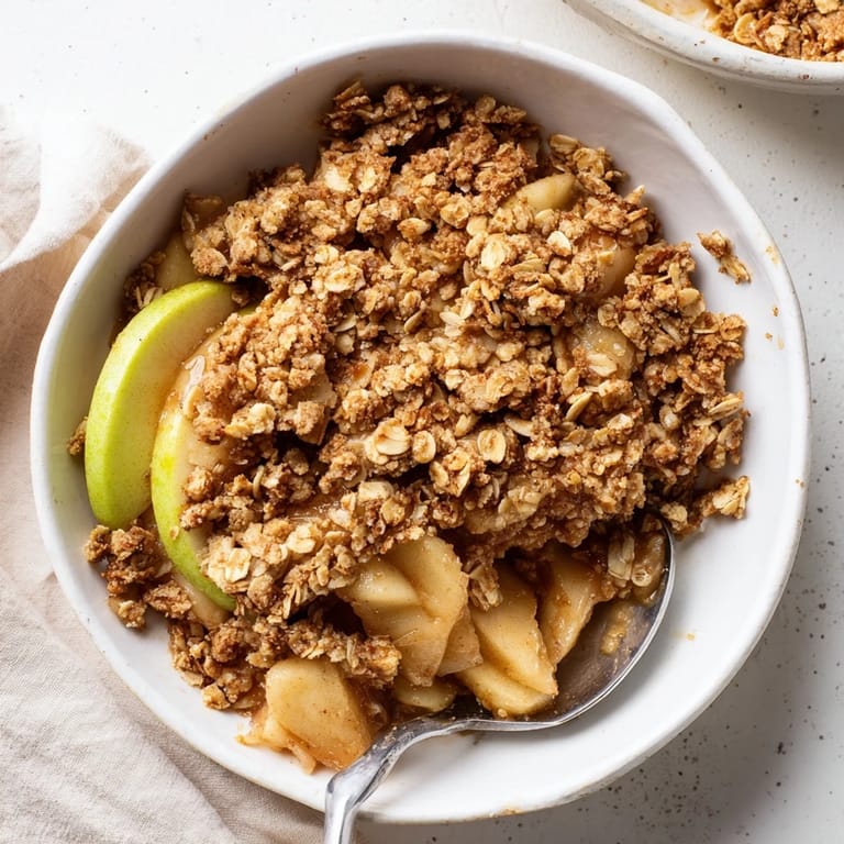 Spoonful of homemade Apple Crumble revealing layers of tender, spiced apples and a crunchy, buttery oat topping, perfect for cozy dessert lovers.