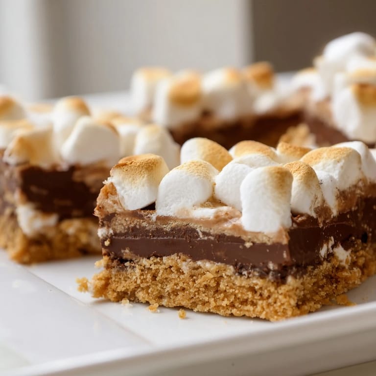 These S'mores Bars feature a crunchy graham cracker base, semi-sweet chocolate chips, and fluffy mini marshmallows toasted in the oven.