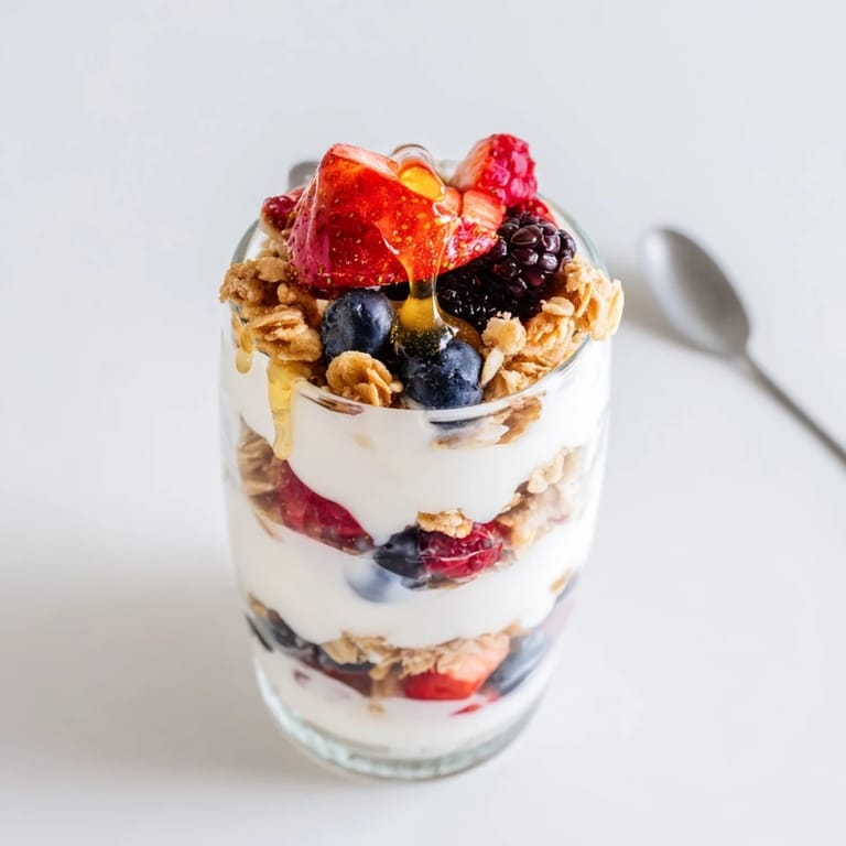 Clear glass serving of Berry Parfait with granola layers, berries, and a spoon ready to eat.