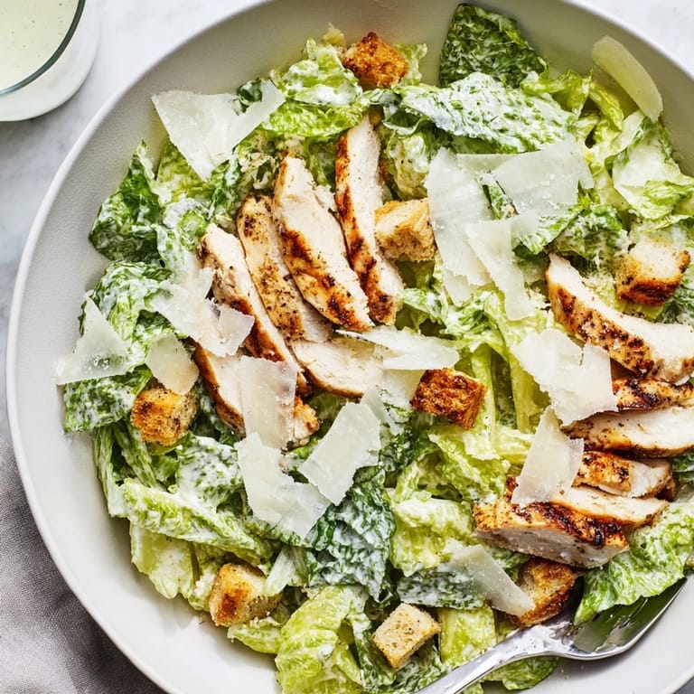 A close-up of the hearty Chicken Caesar Salad shows golden croutons and shaved Parmesan mingling with juicy grilled chicken on vibrant green romaine leaves.