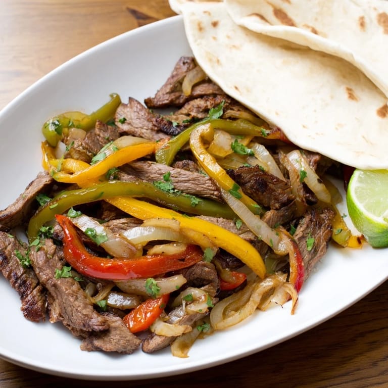 Tender Steak Fajitas strips sizzling in a skillet with onions and peppers, ready for warm tortillas.