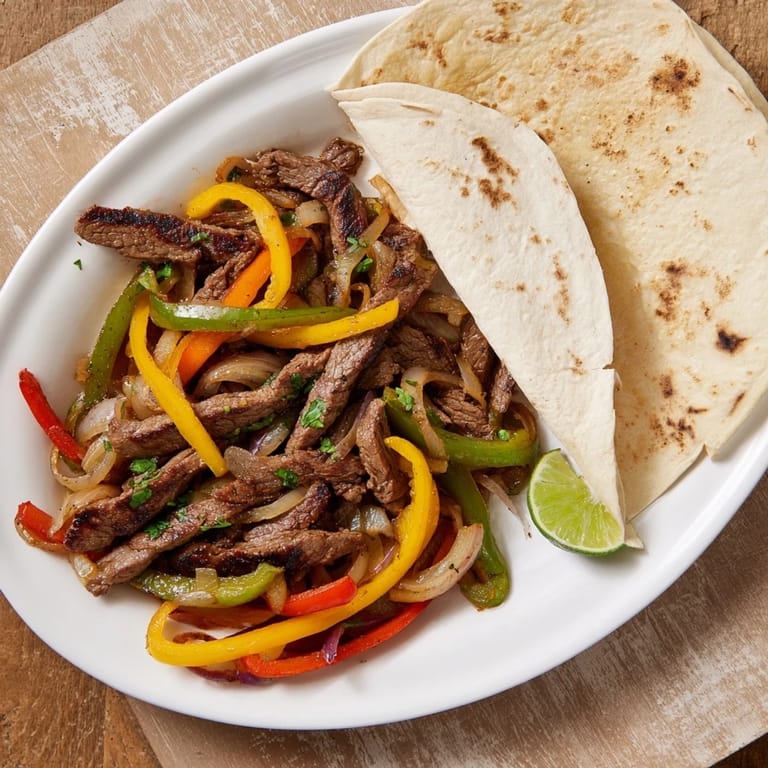 Homemade Steak Fajitas plated with sautéed tri-color peppers, onions, and toppings like guacamole and salsa.