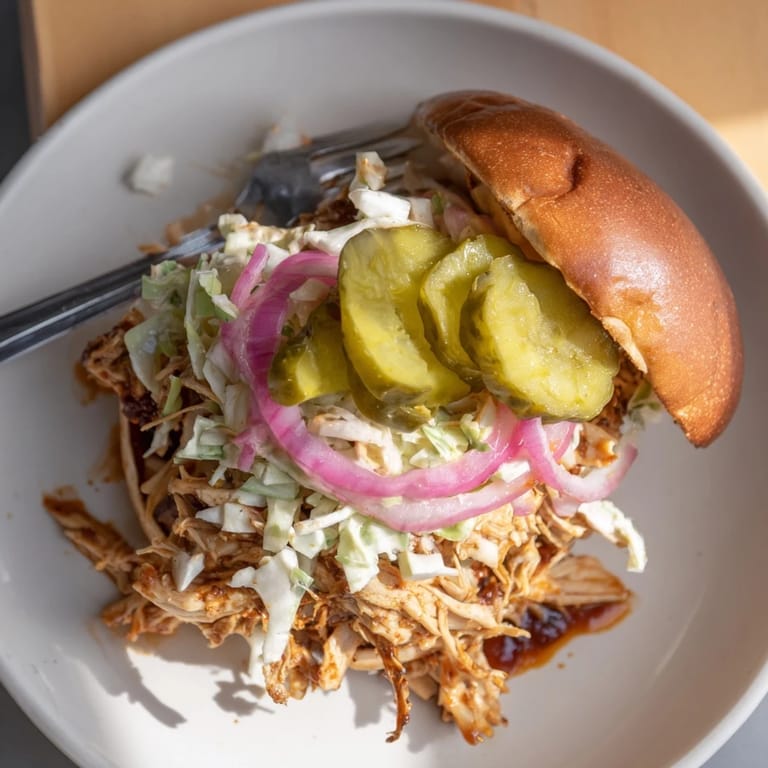 Smoky shredded BBQ Chicken Sandwich overflowing from a soft bun, served on a checkered picnic blanket beside sweet potato fries.