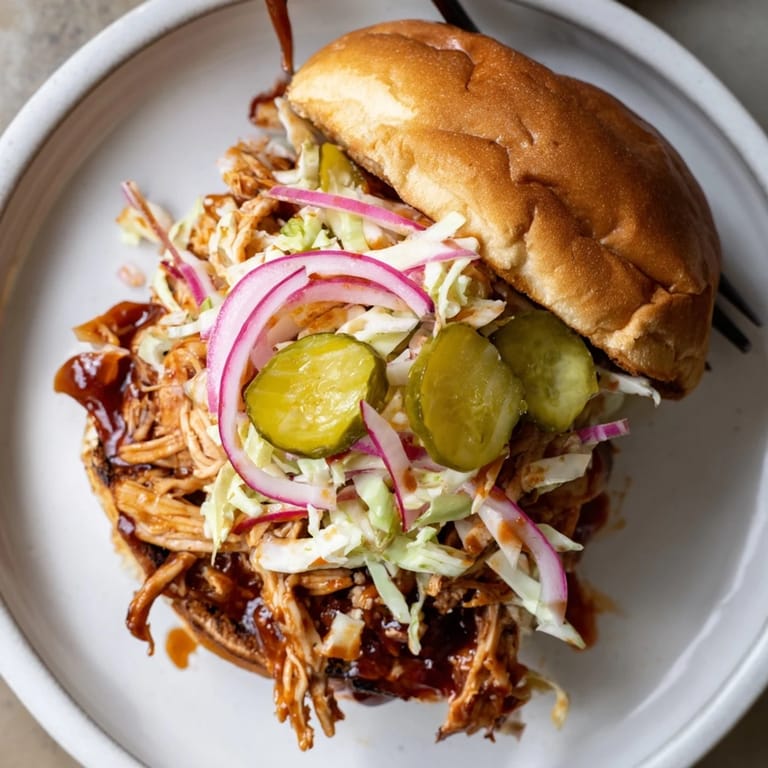 Saucy grilled BBQ Chicken Sandwich with pickles and vibrant slaw, prepared on a wooden cutting board for an easy weeknight dinner.