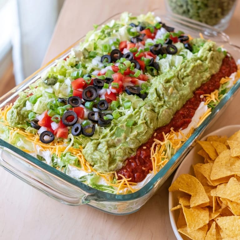 A chilled Seven-Layer Dip appetizer, perfect for a party spread with Tex-Mex flavors.