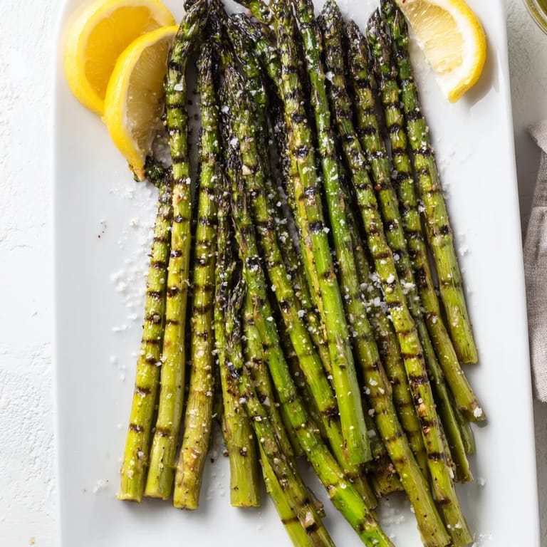 Golden-brown Grilled Asparagus spears tossed in olive oil, topped with flaky salt and fresh lemon slices.