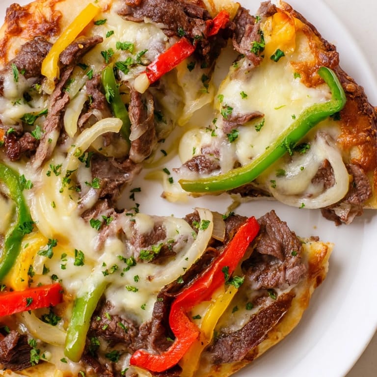 Sliced Philly Cheesesteak Pizza on a rustic board, showcasing juicy ribeye, sautéed vegetables, and a golden-brown crust.