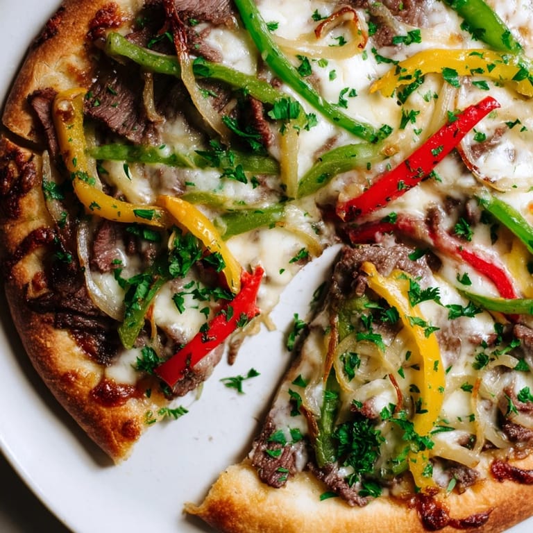 Golden Philly Cheesesteak Pizza topped with colorful peppers and onions, ready to serve for a family dinner.