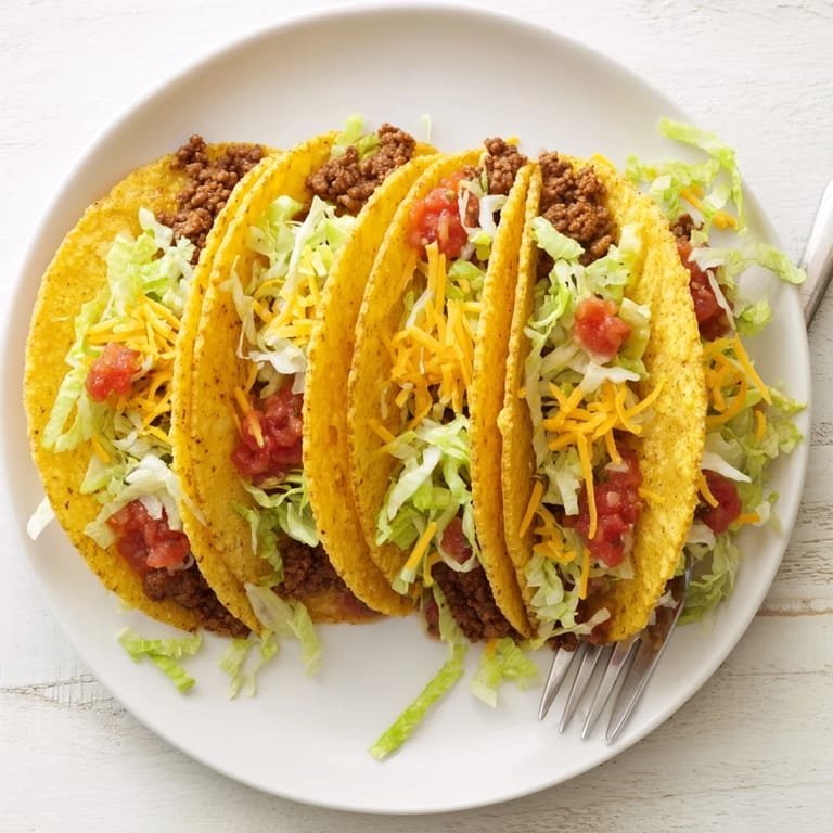 Sizzling ground beef mixture being spooned into warm taco shells to make delicious Beef Tacos for dinner.