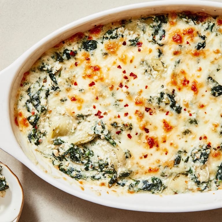 Warm Spinach Artichoke Dip recipe, featuring a rich blend of cheese, tender spinach, and artichoke hearts, paired with toasted baguette slices.