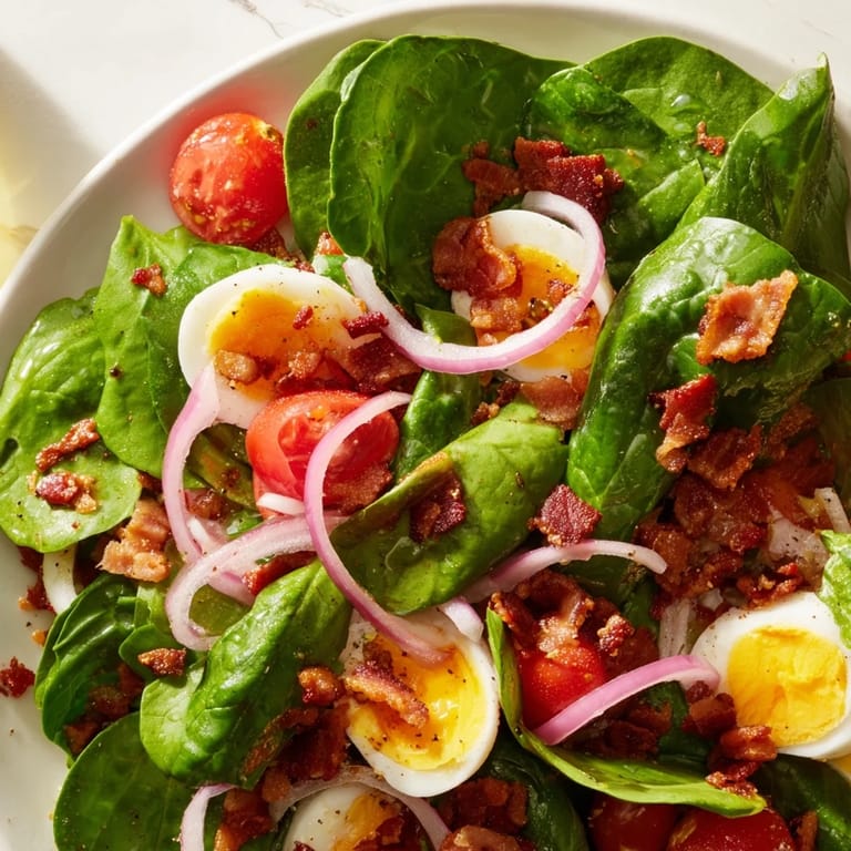 Vibrant Spinach Salad with Bacon with golden bacon bits, creamy egg slices, and fresh greens, ideal for an easy American lunch.