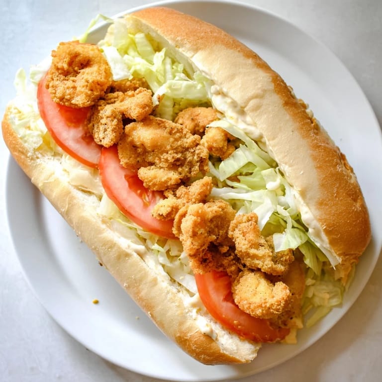 Freshly assembled Louisiana po boy with juicy tomatoes, crisp lettuce, and spicy mayo spread.