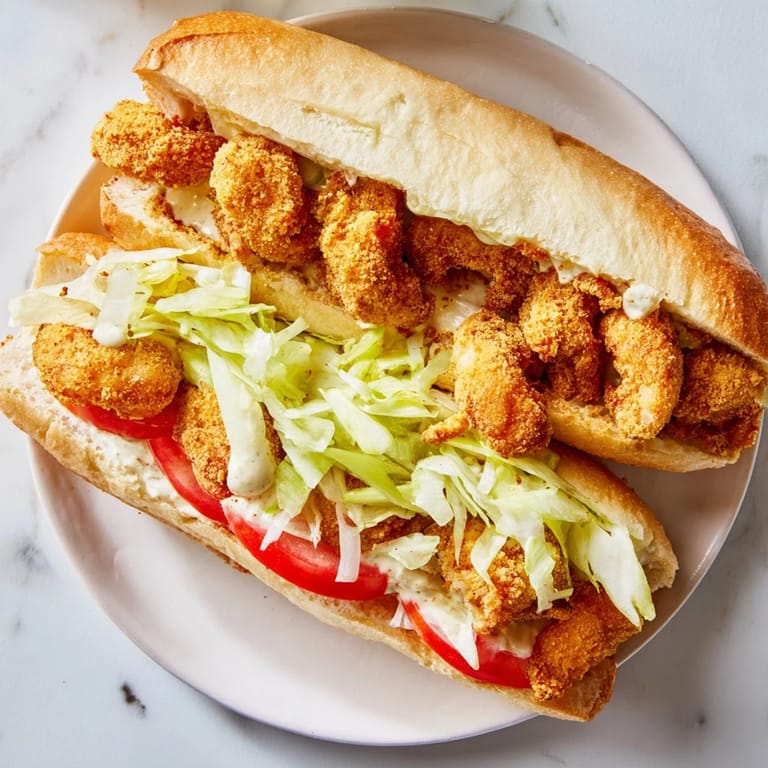 Golden-brown fried shrimp po boy sandwich served hot with lemon wedges on the side.
