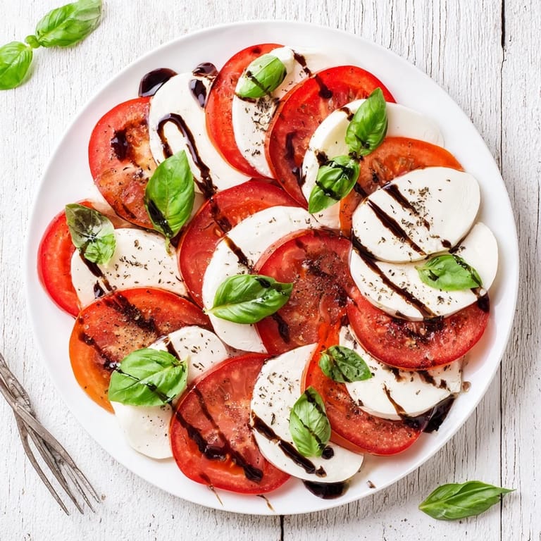 Savory Caprese Salad plated with juicy tomato rounds, fresh mozzarella, olive oil, and balsamic for a refreshing Italian-American side.