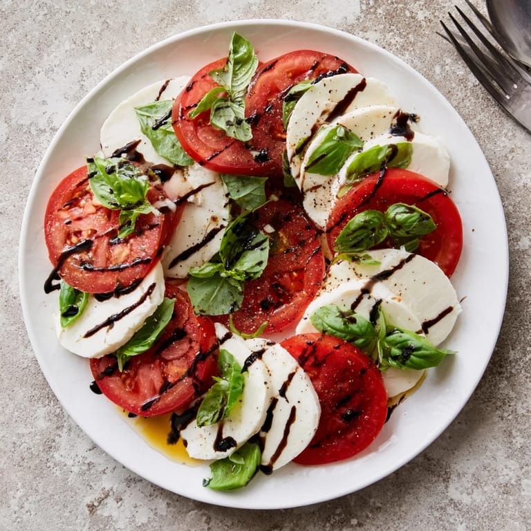 Fresh Caprese Salad with heirloom tomatoes, basil leaves, and mozzarella, served with crusty bread and white wine for a light meal.