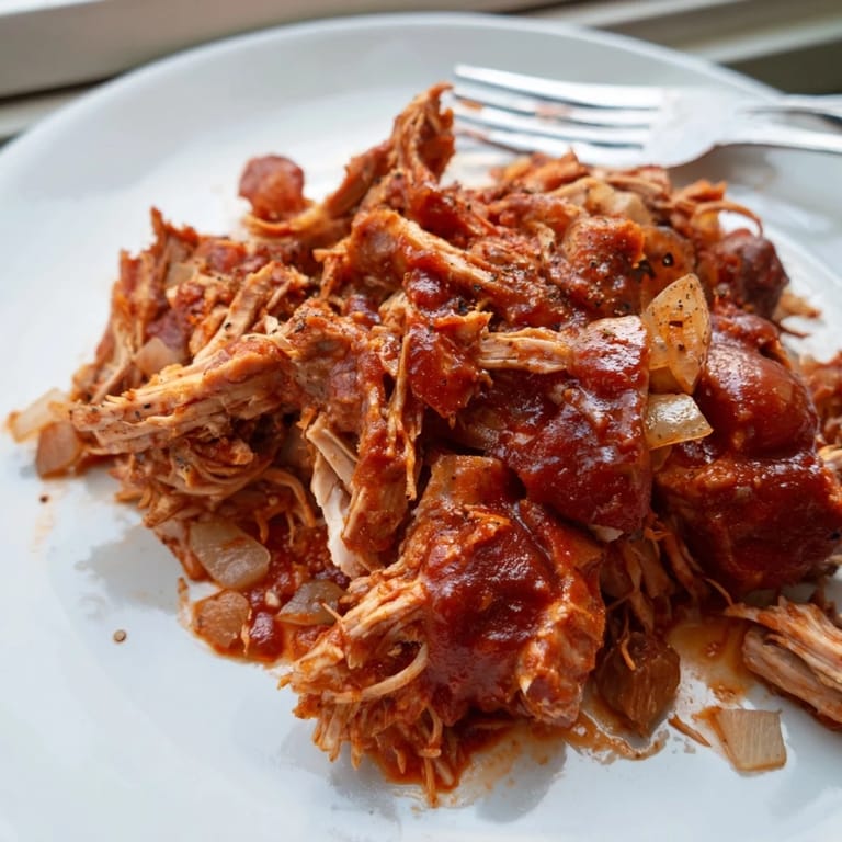 Savory, saucy BBQ Pulled Chicken piled high on a toasted bun with tangy pickle chips.