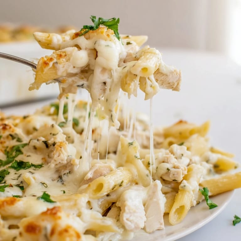Sliced Chicken Alfredo Bake served with a crisp green salad and glass of Chardonnay.