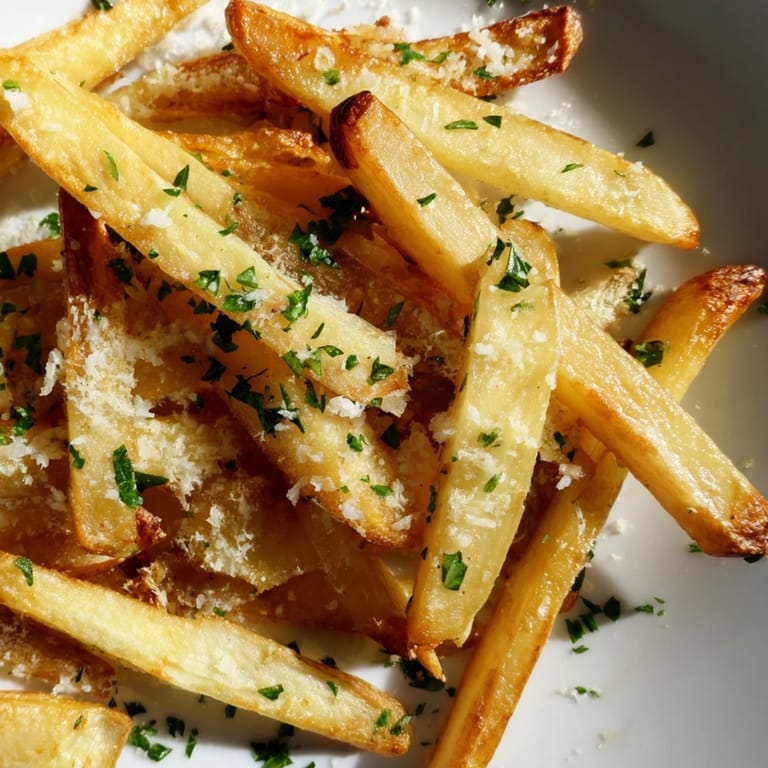 Crispy oven-baked fries tossed in aromatic truffle oil and freshly grated Parmesan, garnished with chopped parsley for a decadent snack.