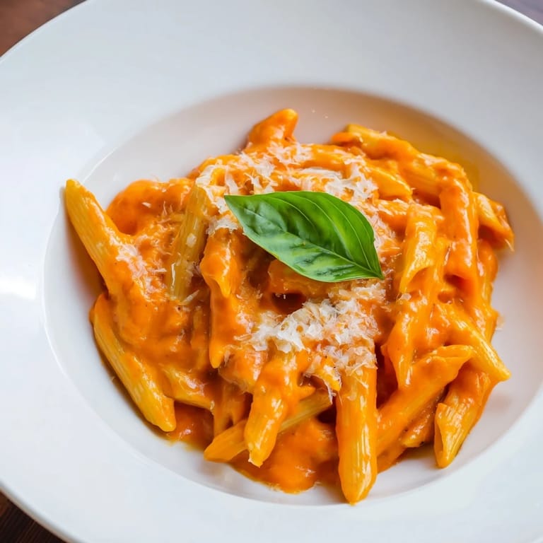 Sizzling skillet of roasted red pepper pasta tossed with al dente rigatoni and a swirl of heavy cream.