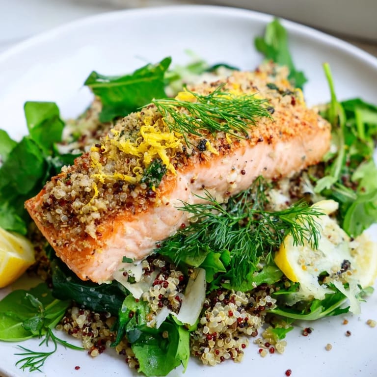 A close-up of Lemon Herb Salmon Salad featuring fresh herbs, cherry tomatoes, and zesty citrus vinaigrette.  