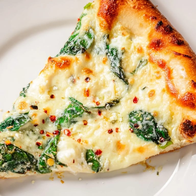A slice of homemade Spinach Ricotta Pizza rests on a rustic wooden board, showcasing melted mozzarella and a hint of garlic butter.  