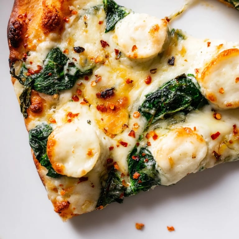 Overhead view of Spinach Ricotta Pizza with fresh herbs and Parmesan, ready to serve as a light vegetarian dinner.