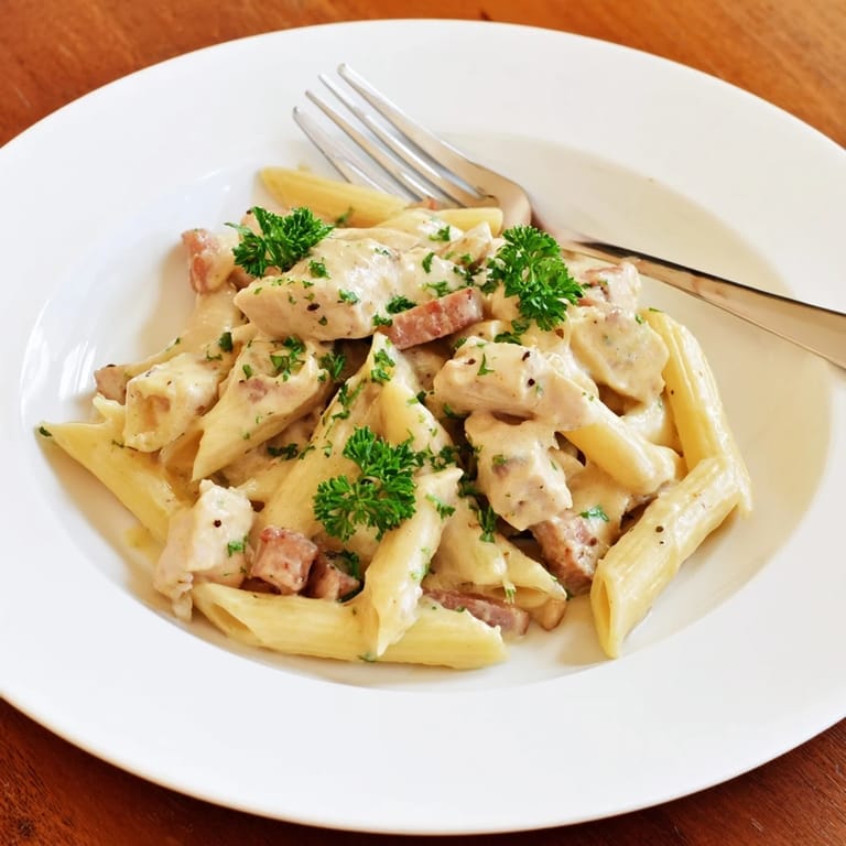 Creamy Chicken Bacon Penne tossed with tender chicken, smoky bacon, and penne pasta in a skillet.