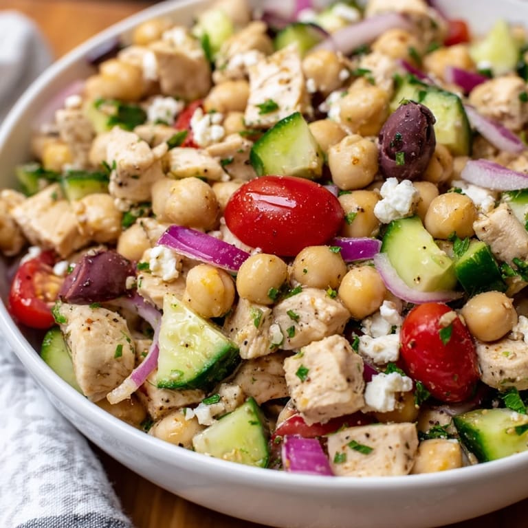 Served in a white bowl, Mediterranean Chickpea Chicken Salad is garnished with parsley and ready for a light lunch.
