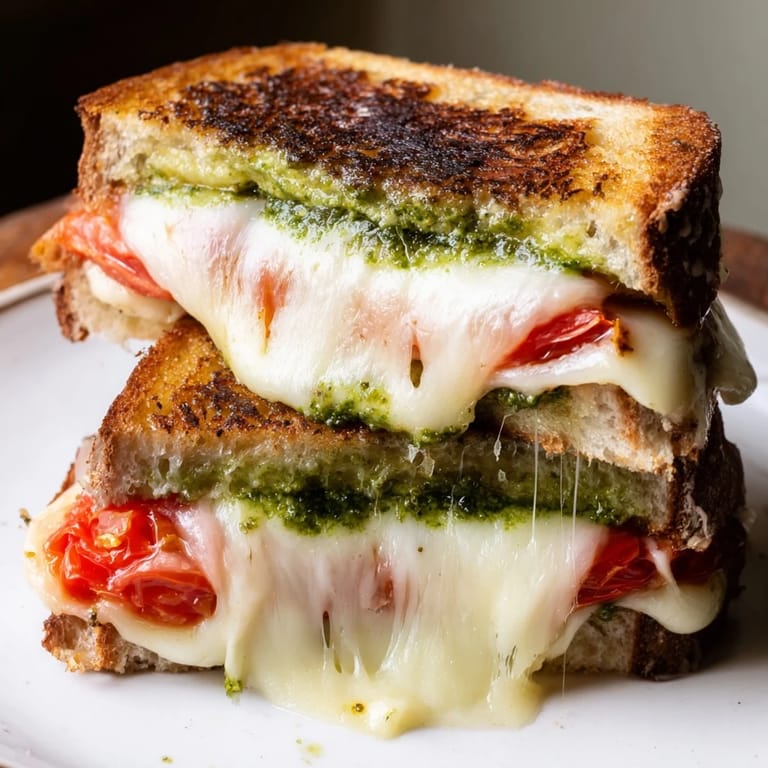 A close-up of the crispy, golden-brown crust of a Roasted Tomato Pesto Grilled Cheese sandwich, revealing gooey melted mozzarella and cheddar inside.