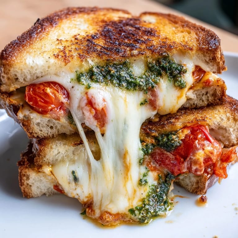 Fresh basil pesto and caramelized roasted tomatoes layer beautifully inside this gourmet Roasted Tomato Pesto Grilled Cheese, cut in half for serving.