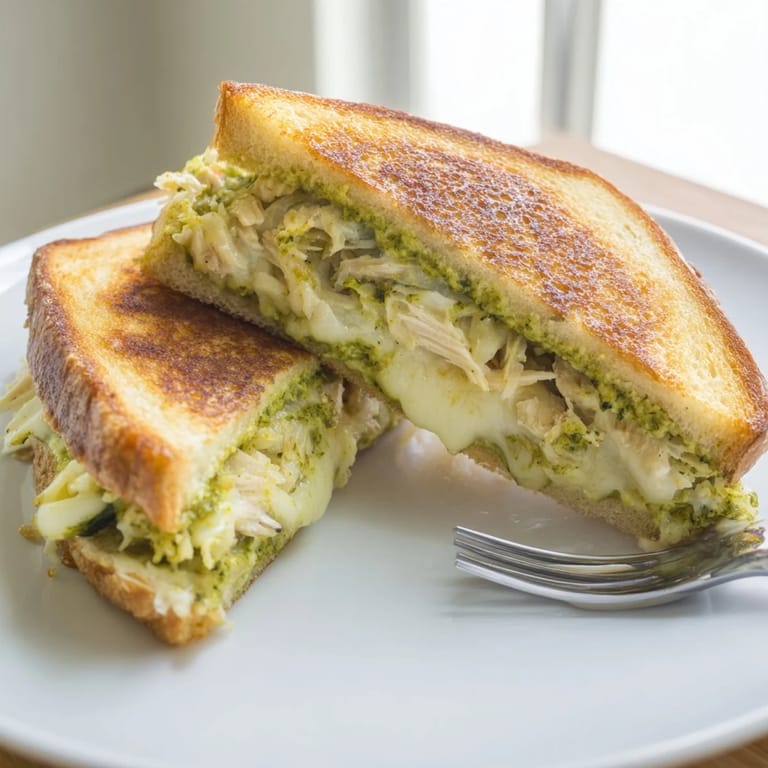 A close-up view shows a Mozzarella Pesto Chicken Grilled Cheese on a rustic wooden board, garnished with fresh basil leaves and a side of marinara dipping sauce.  