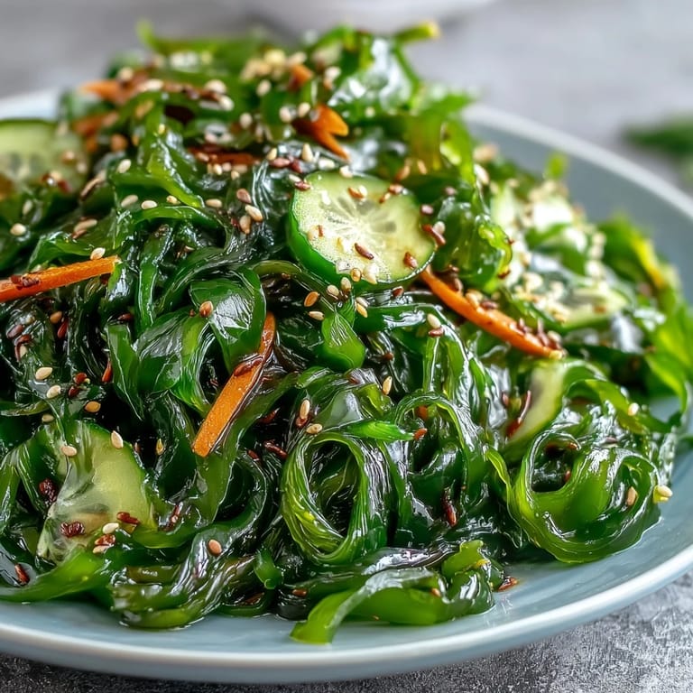 Green seaweed salad, tossed in tangy dressing, ready to be served as an appetizer.