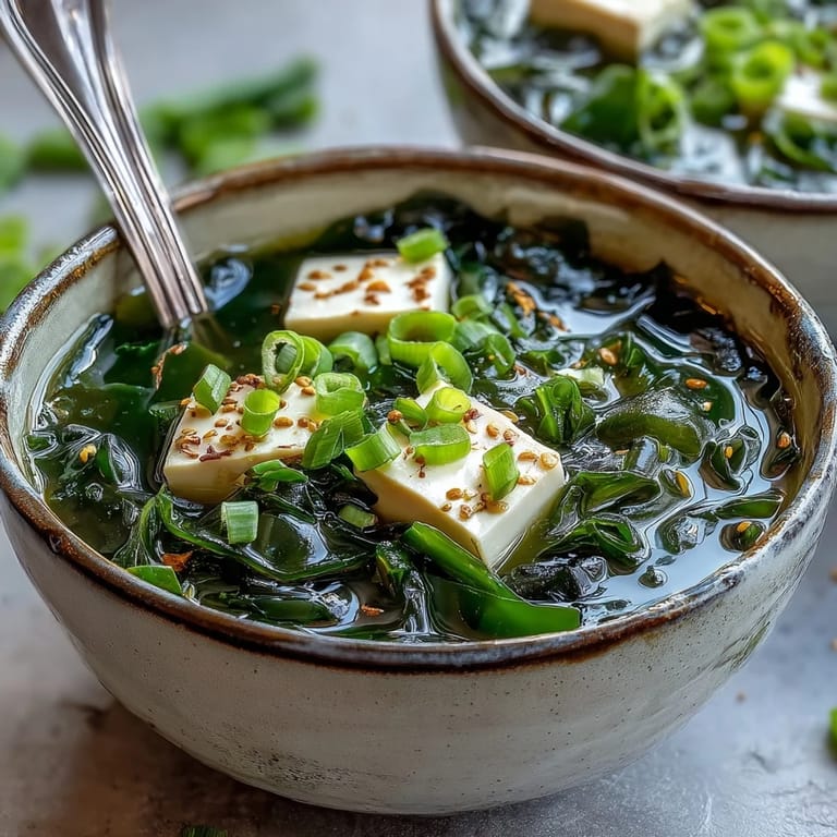 Vibrant green Wakame Soup ready to be enjoyed as a warming starter.