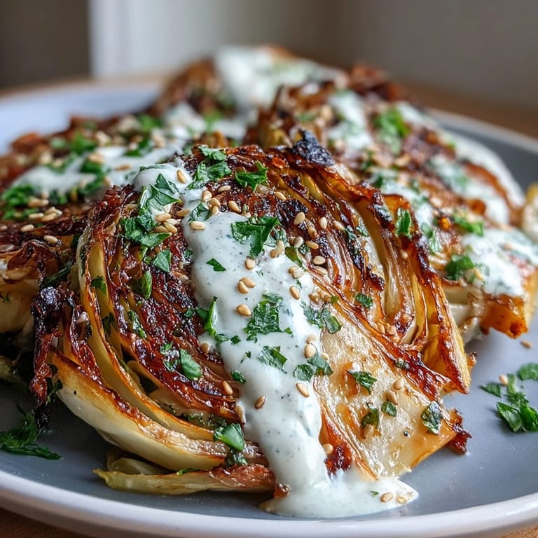 Hearty vegan cabbage steaks, a delicious side or main with lemony tahini.