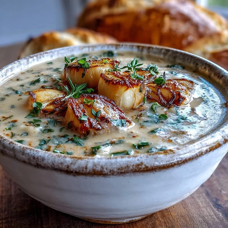 Creamy Roasted Garlic and Herb Soup served alongside crusty artisan bread.
