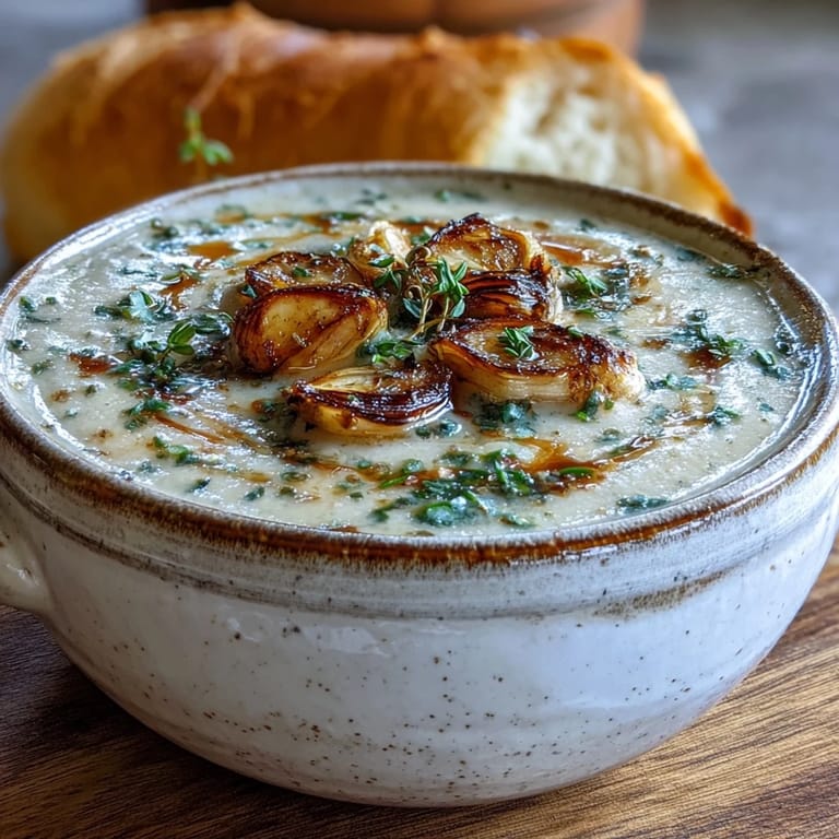 Golden roasted garlic cloves blend into velvety Roasted Garlic and Herb Soup.