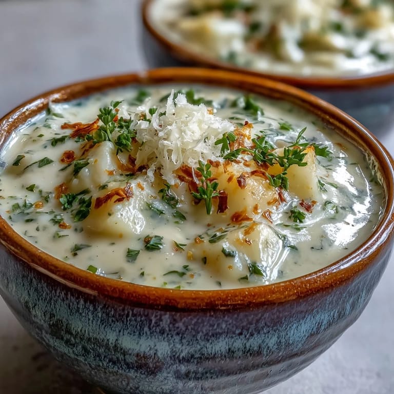 Smooth garlic and herb soup simmered with potatoes, perfect with a slice of crusty bread.