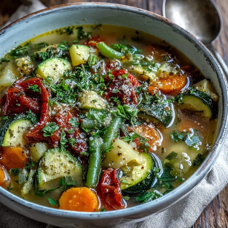 Italian Herb Vegetable Soup features vibrant zucchini, carrots, and spinach in a rich tomato broth.
