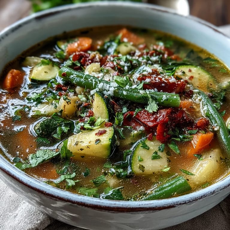 A rustic wooden table displays Italian Herb Vegetable Soup in a deep bowl, garnished with parsley.