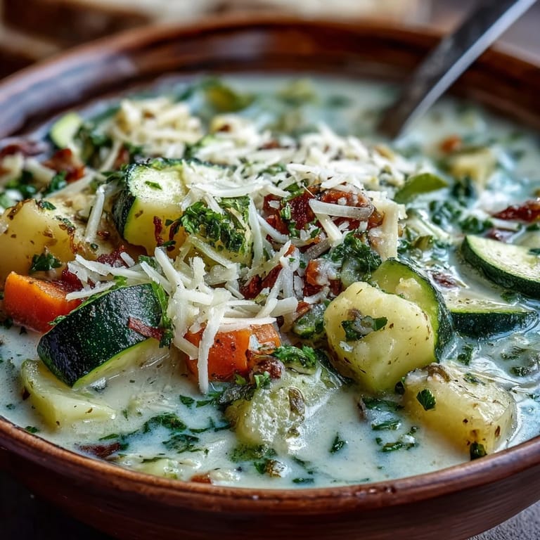 Close-up of rich Parmesan Veggie Soup, featuring diced carrots, zucchini, and green beans in a savory broth.