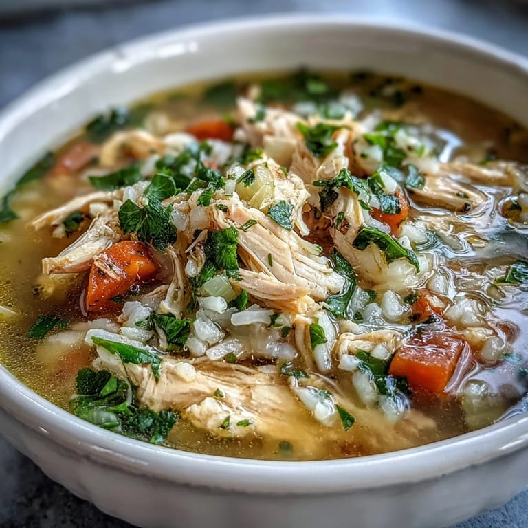 Steaming pot of Cozy Winter Chicken and Rice Soup with tender shredded chicken, carrots, and celery on a cozy kitchen counter.