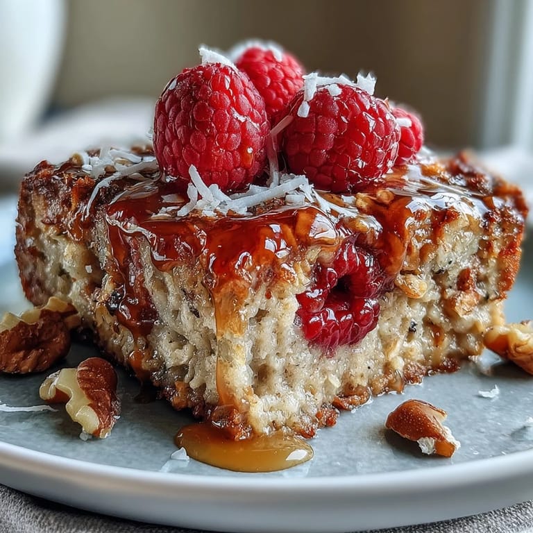 Close-up slice of Baked Oatmeal with Raspberry and Coconut on a plate, showing moist oats and ruby red berries for a healthy breakfast.