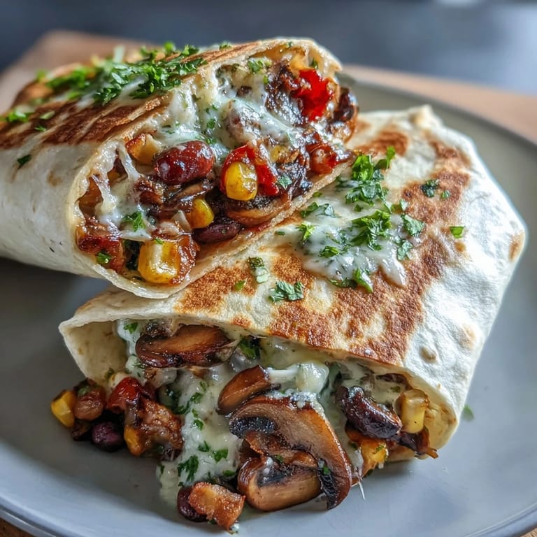 Golden-brown Veggie Burritos cut in half, revealing the hearty bean, corn, and mushroom filling inside.