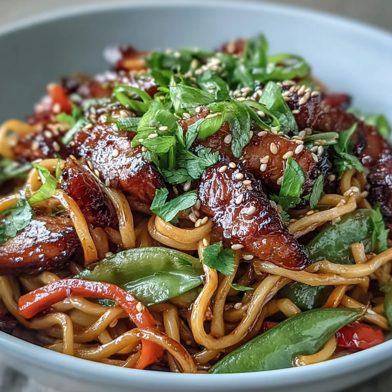 Close-up of Pork Noodle Stir-Fry garnished with sesame seeds and herbs, served steaming in a bowl.