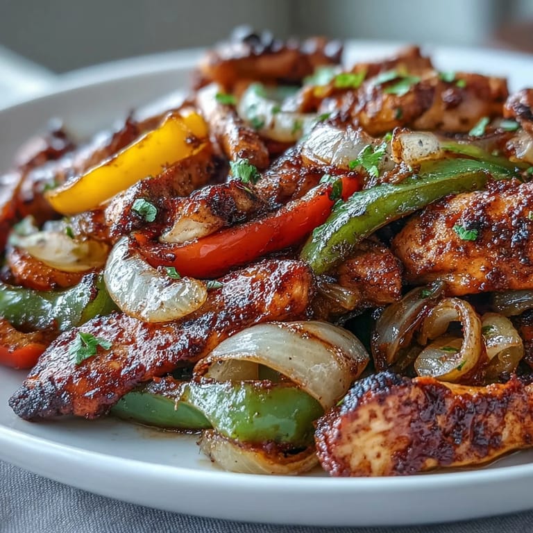 Sizzling Easy Chicken Fajitas with charred peppers, onions, and lime wedges on skillet.