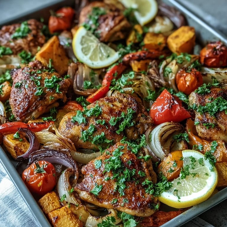 A close-up of a freshly baked Chicken and Sweet Potato Traybake shows tender chicken, caramelized onions, and blistered cherry tomatoes.