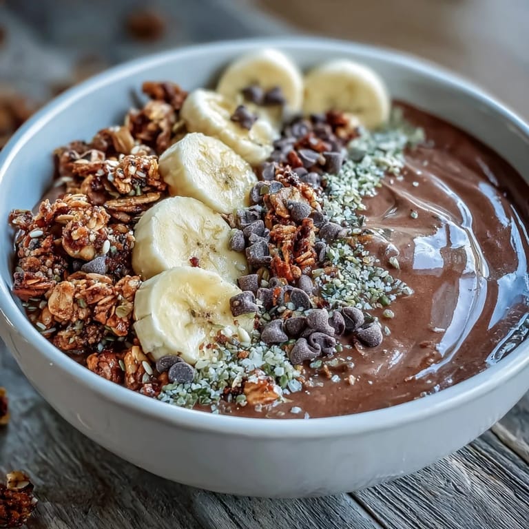 Rich chocolate Chunky Monkey smoothie bowls topped with granola and cacao nibs, ready to serve immediately.