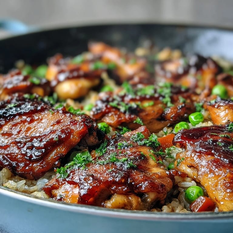 Family-style One-Pan Bold Honey BBQ Chicken Rice is finished with a lime wedge and fresh herbs for a bright, satisfying plate.