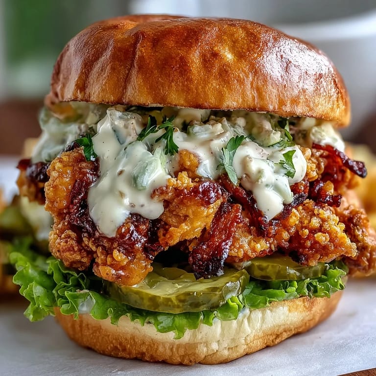 Freshly assembled Spicy Chicken Sandwich with Creamy Homemade Sauce showing a juicy chicken breast and a generous drizzle of sauce.